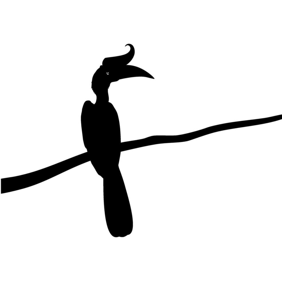 Great Horn Bird Silhouette Perched on the Branch Tree Silhouette. Vector Illustration