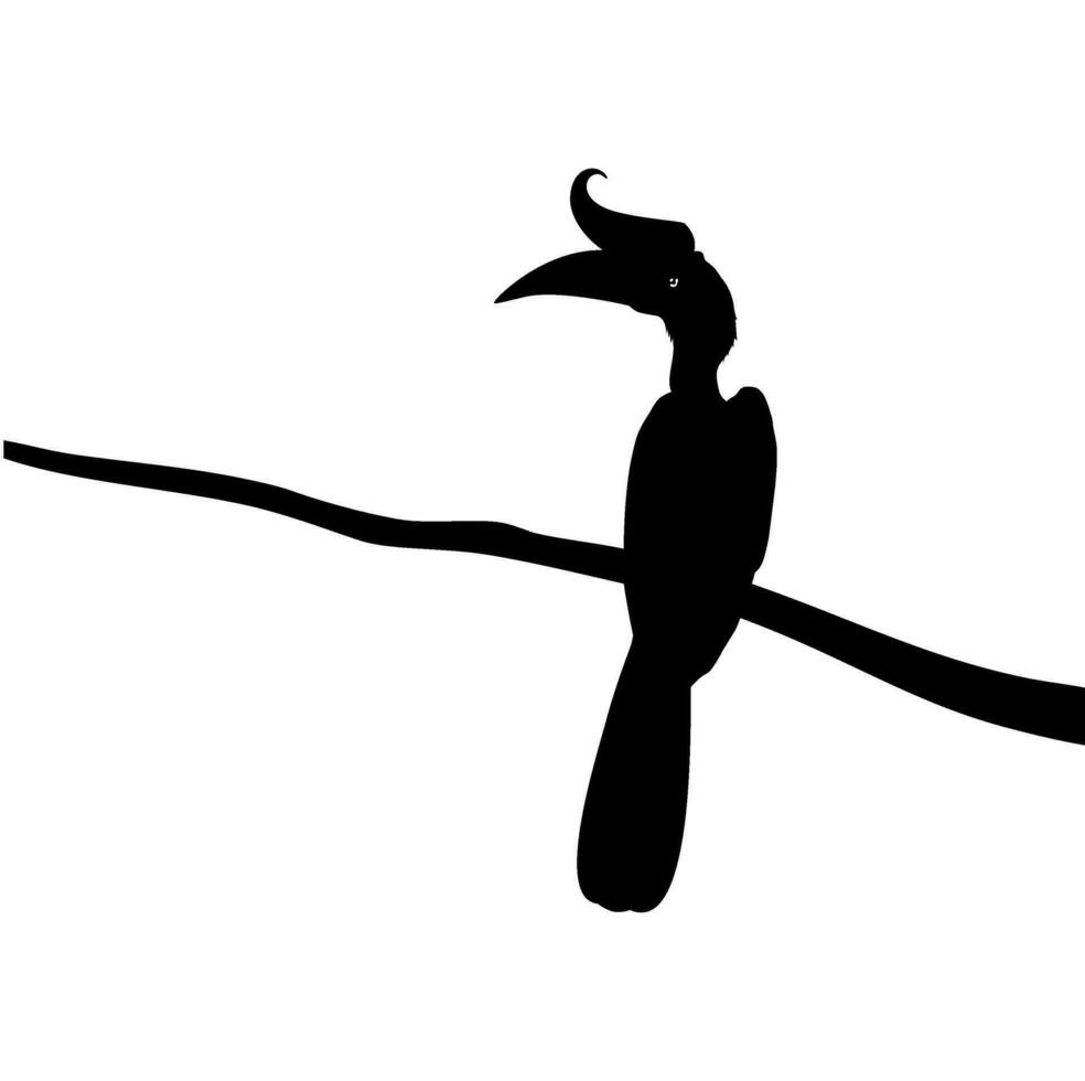 Great Horn Bird Silhouette Perched on the Branch Tree Silhouette. Vector Illustration