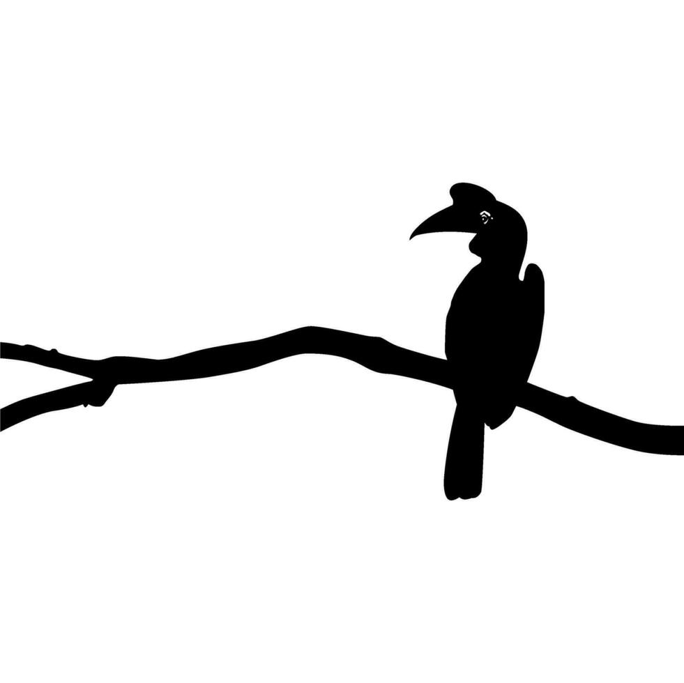 Great Horn Bird Silhouette Perched on the Branch Tree Silhouette. Vector Illustration