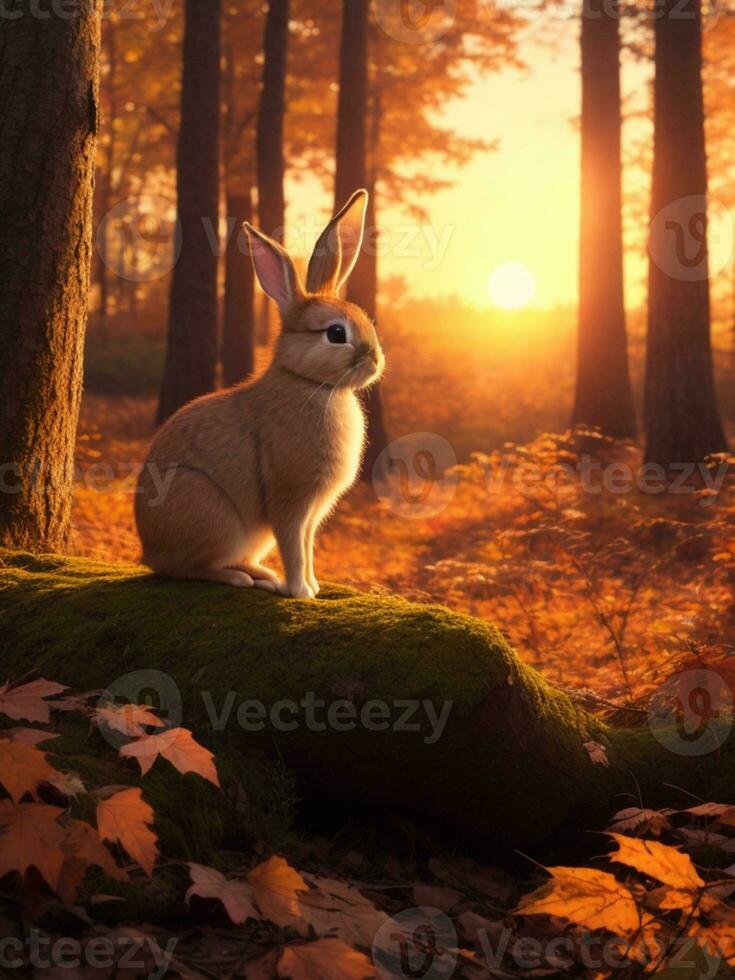 AI Generative rabbit in the sunset forest photo