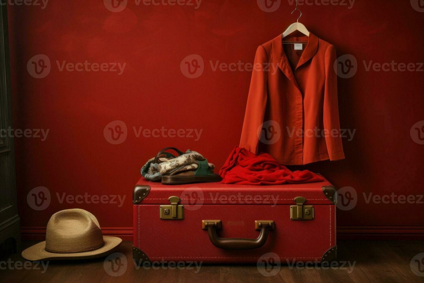 Closed red suitcase with clothing in room house. Generate Ai photo