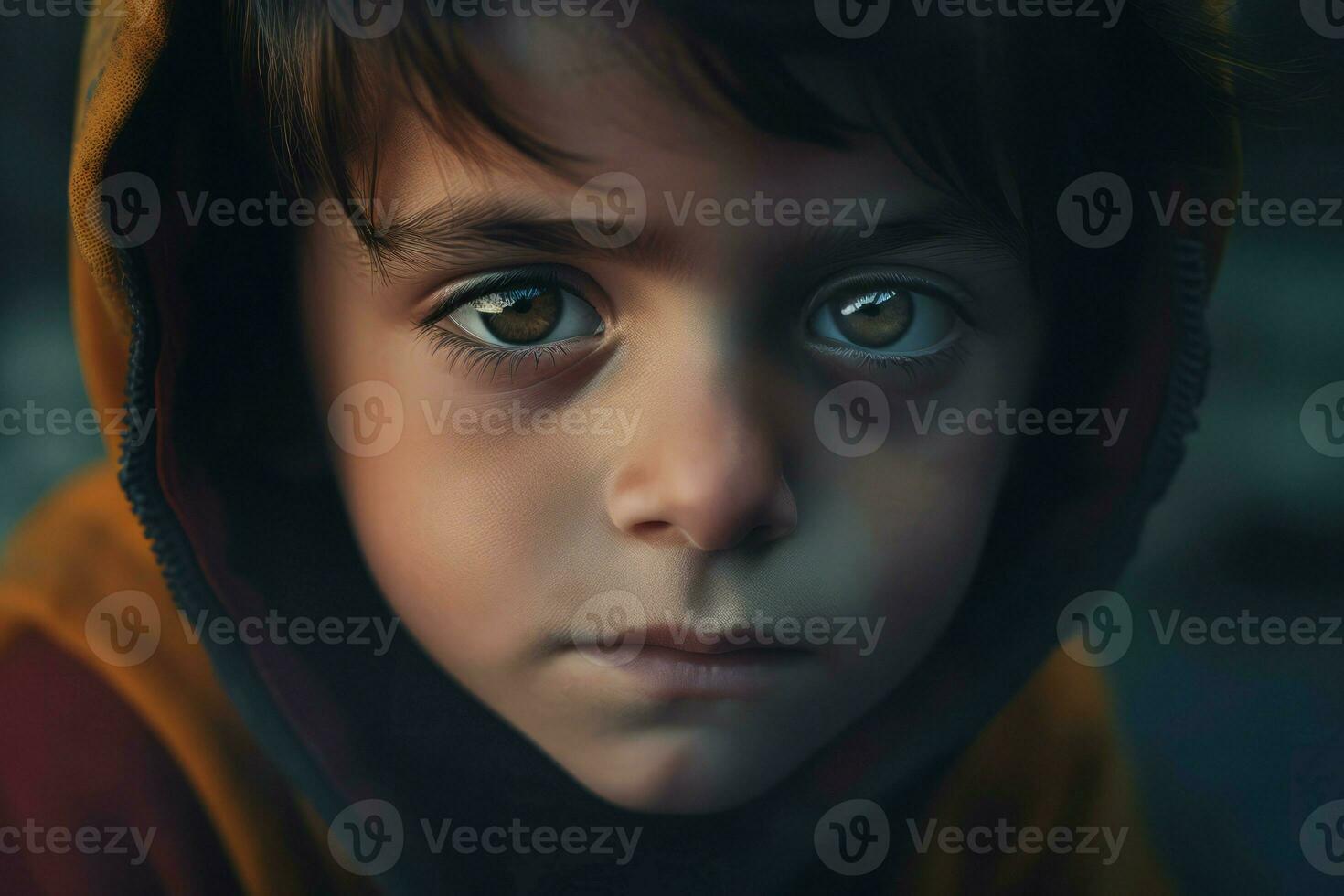 pequeño niño con triste rostro. generar ai foto