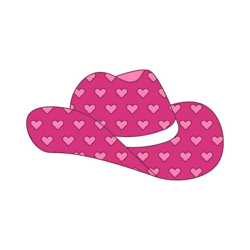 Pink cowgirl hat with girlish heart print. Wild West fashion style. Cowboy western theme, wild west concept. Horse Ranch. Hand drawn contour flat vector illustration.