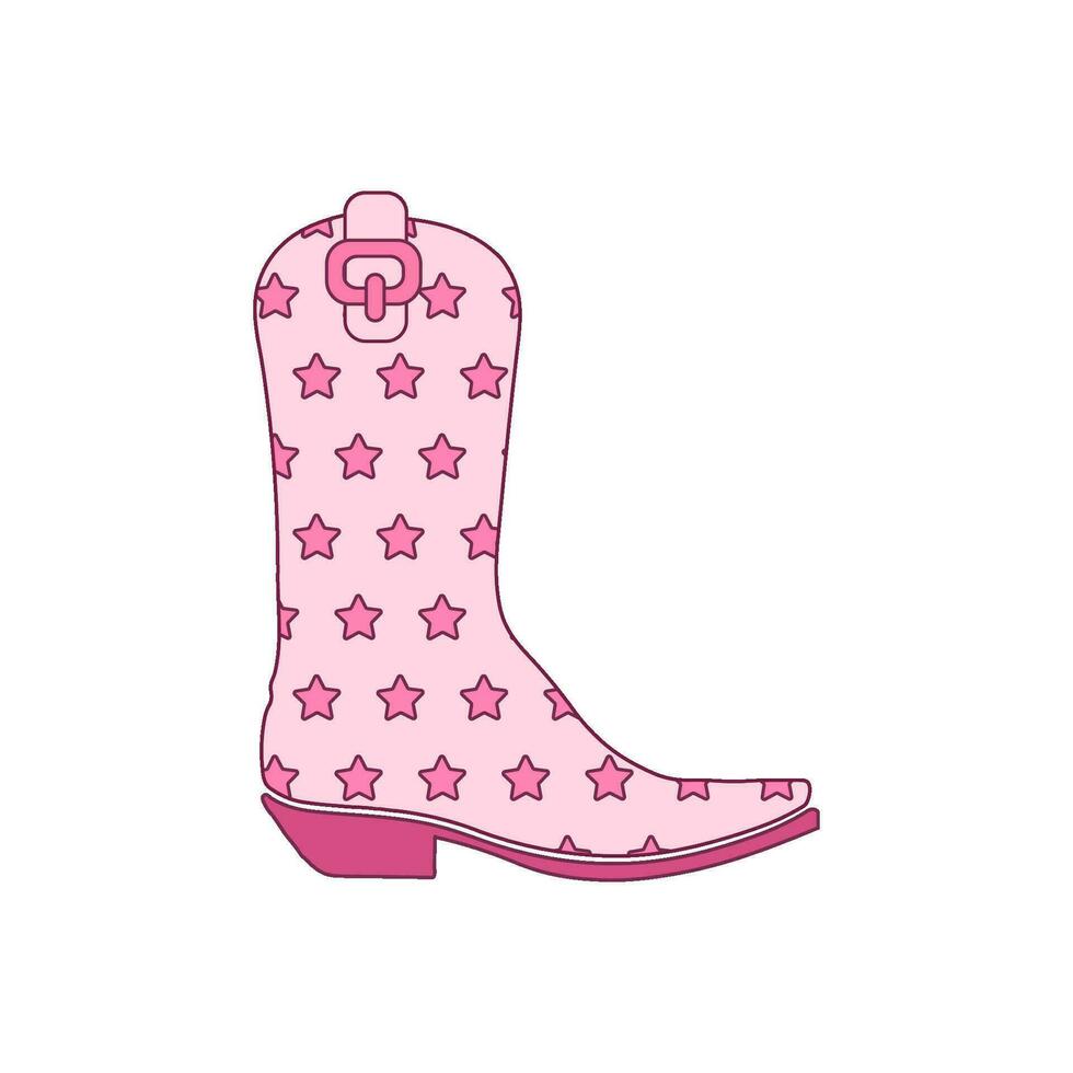 Pink cowboy boot with girlish starry ornament decor. Cute Cowgirl's shoes. vector