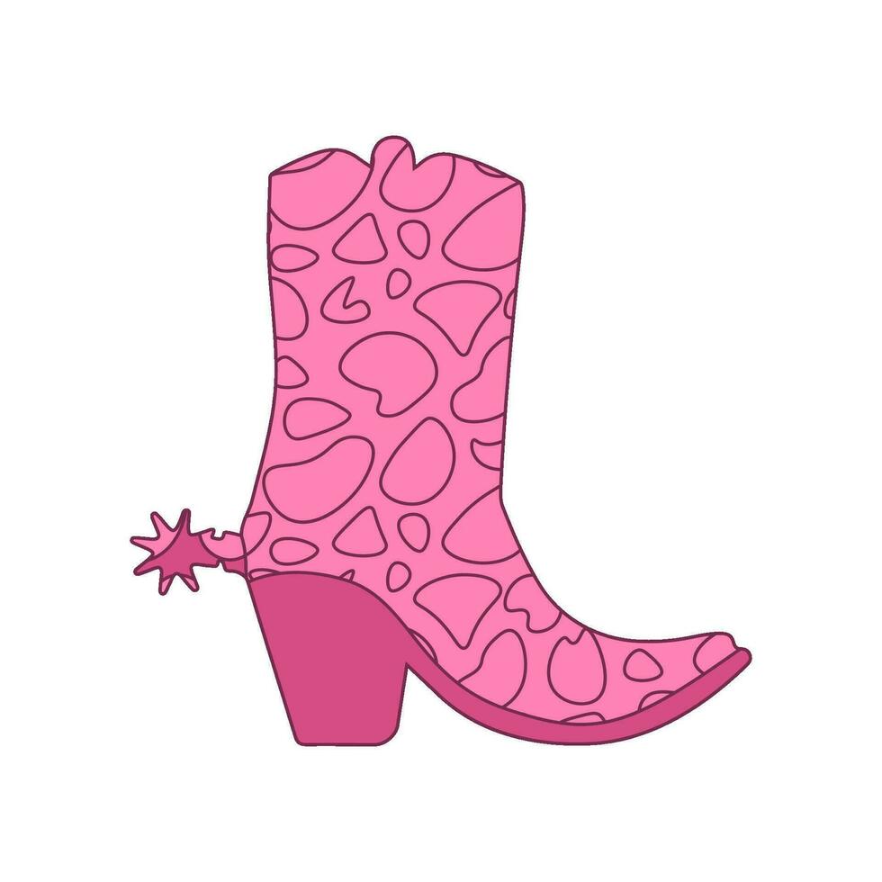 Pink cowboy boot with girlish cowhide ornament decor. Cote Cowgirl's shoes. vector