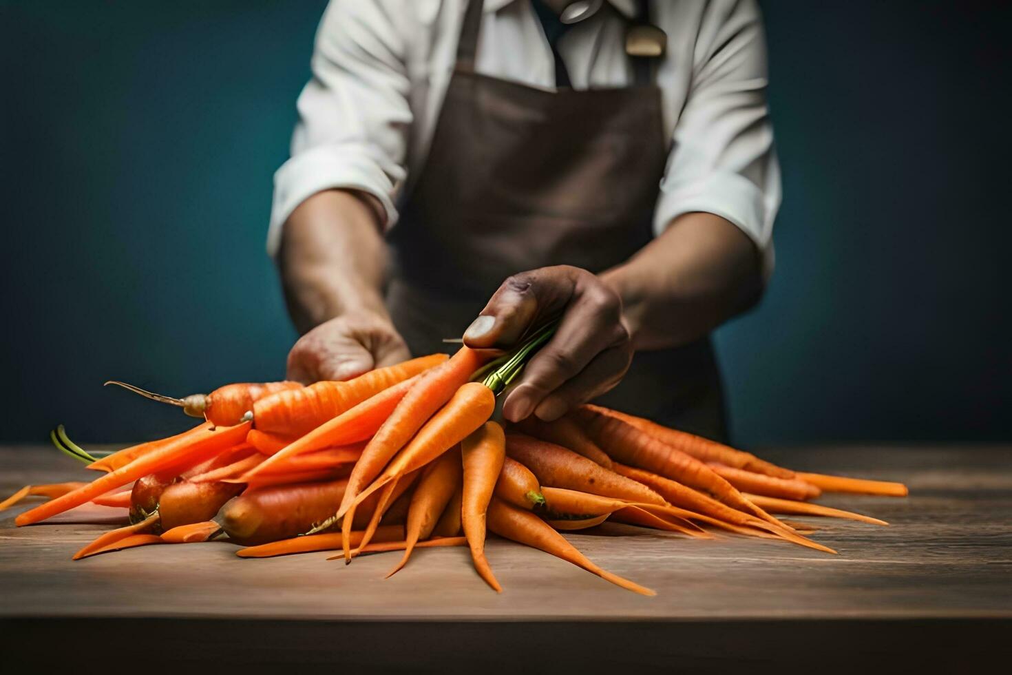 a man in an apron is holding a bunch of carrots. AI-Generated photo