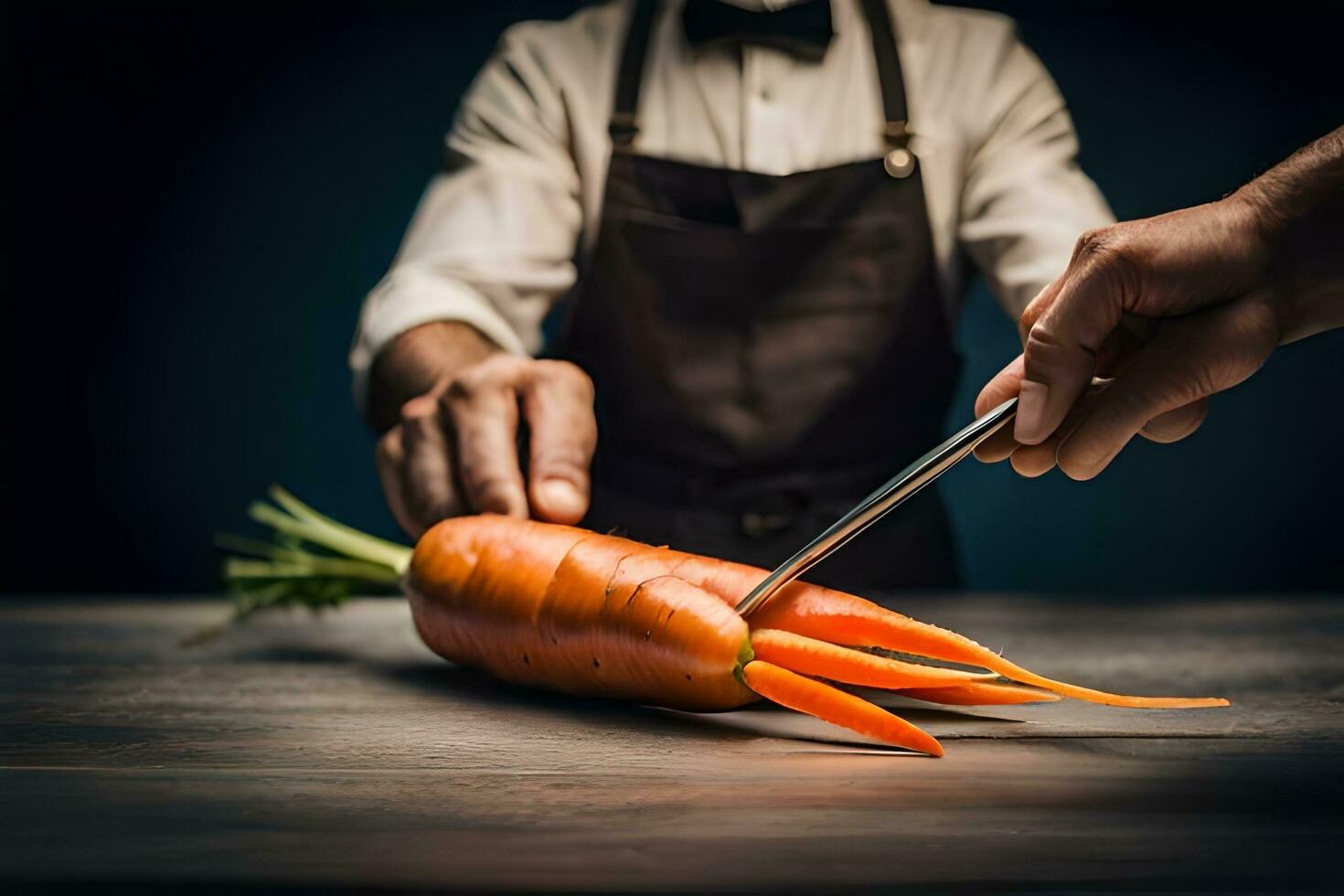 a man in a chef's apron is cutting a carrot. AI-Generated photo