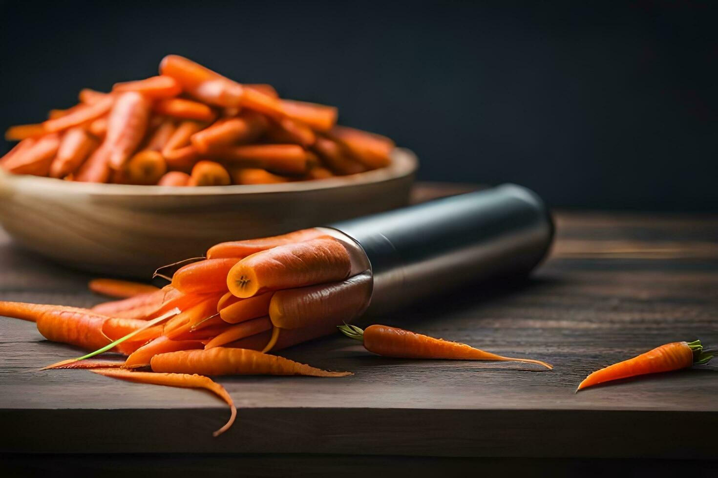 carrots in a bowl on a wooden table. AI-Generated photo