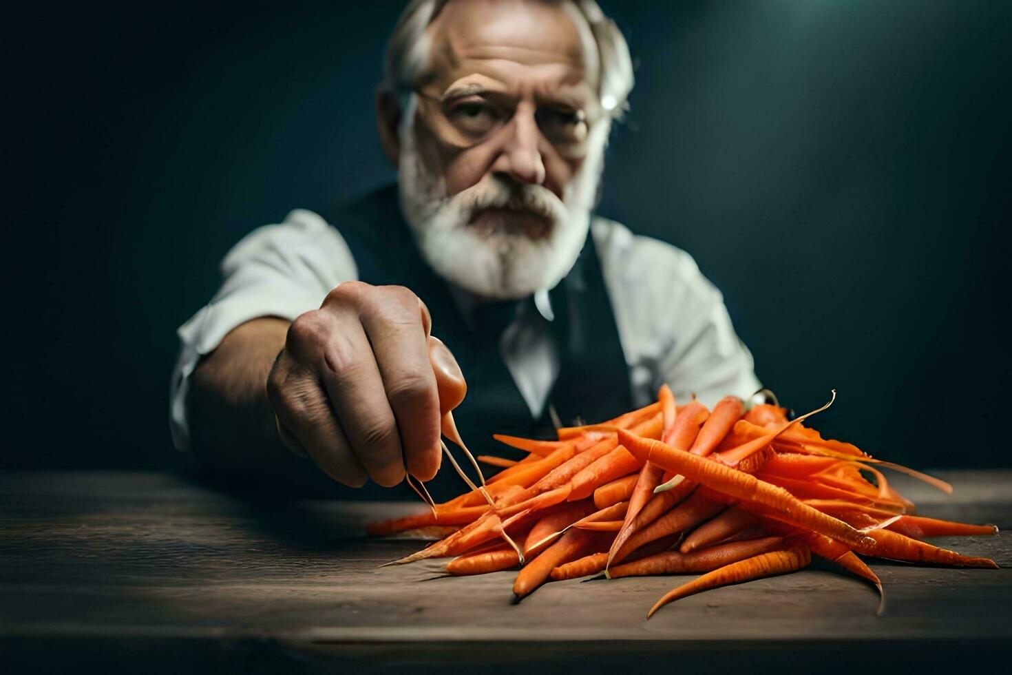 an old man with a beard and glasses is holding a carrot. AI-Generated photo
