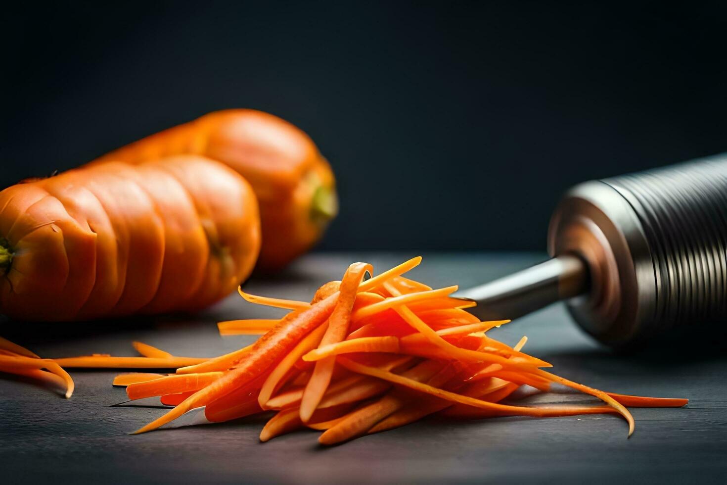 carrots are being cut into pieces on a table. AI-Generated photo