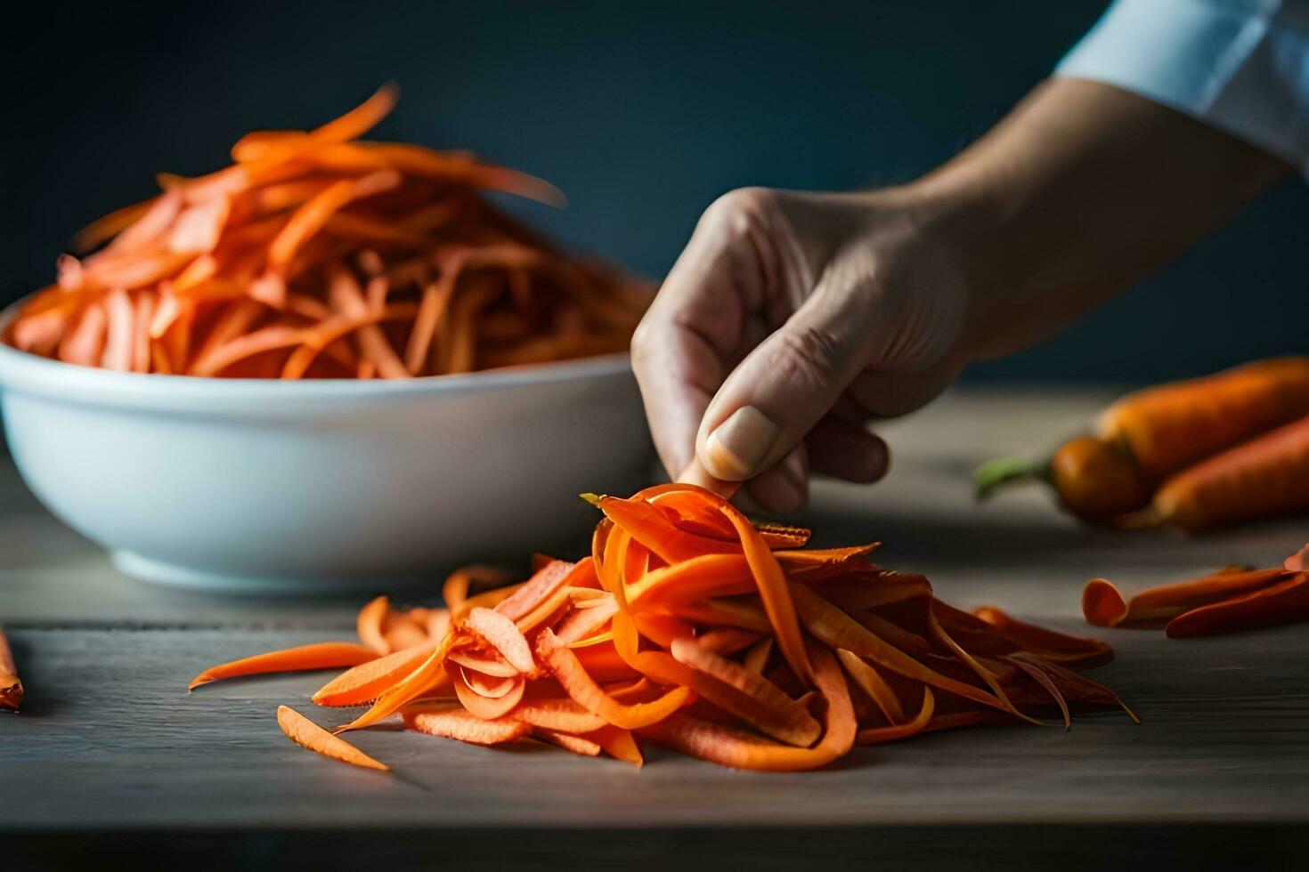 a person is holding a bowl of carrots. AI-Generated photo