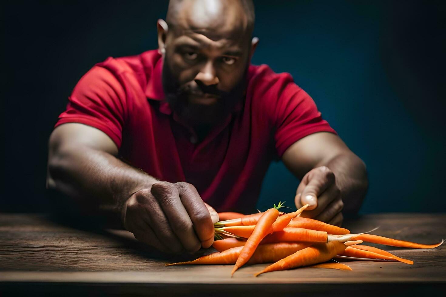 a man with a beard and red shirt is holding carrots. AI-Generated photo