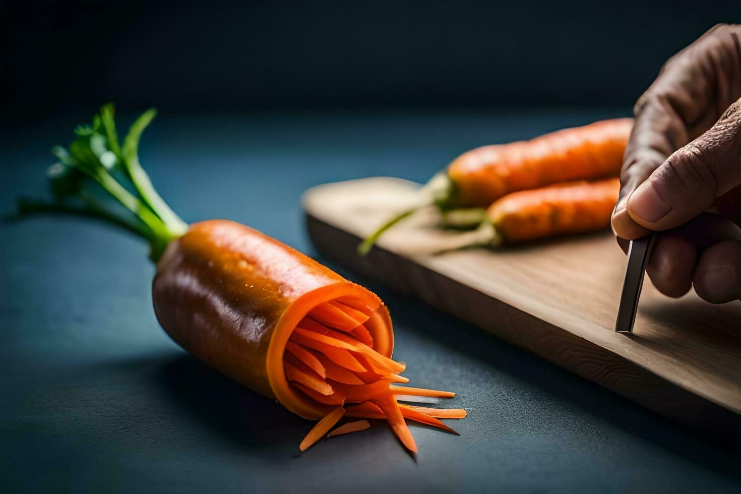 a person cutting up a carrot on a cutting board. AI-Generated photo