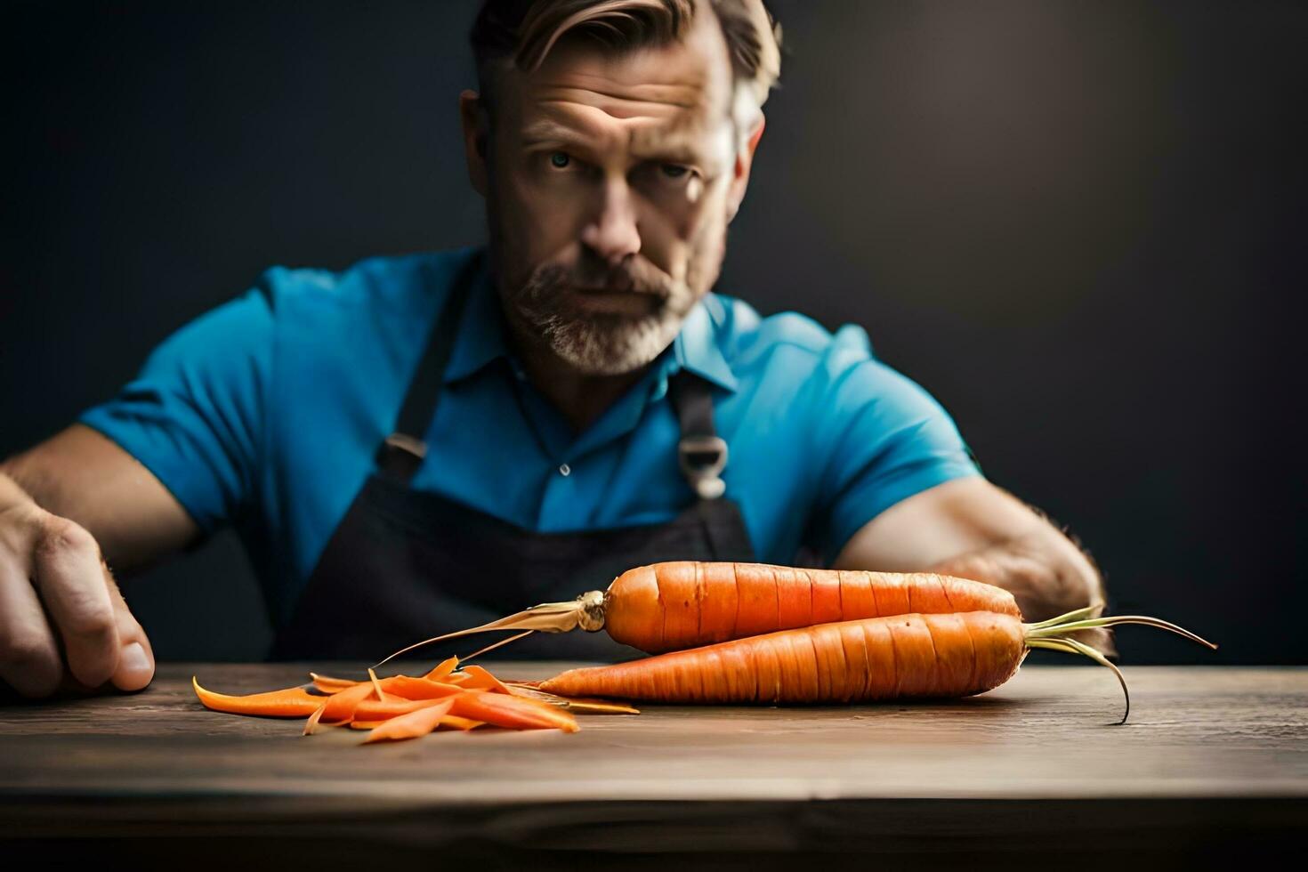 a man with a beard and apron holding a carrot. AI-Generated photo
