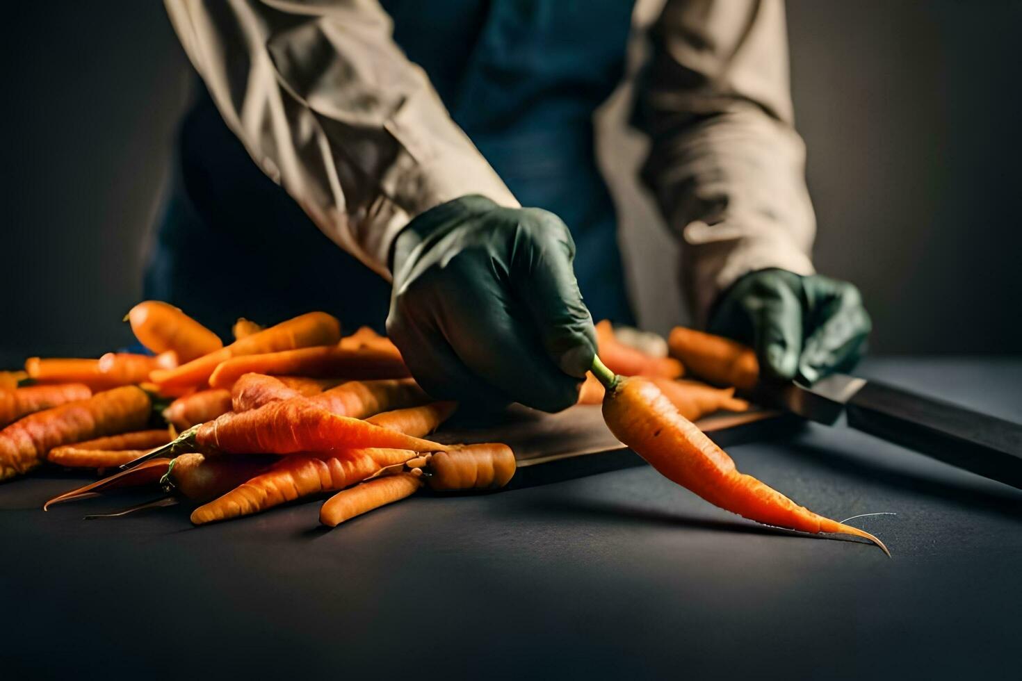 a person in gloves cutting carrots on a table. AI-Generated photo