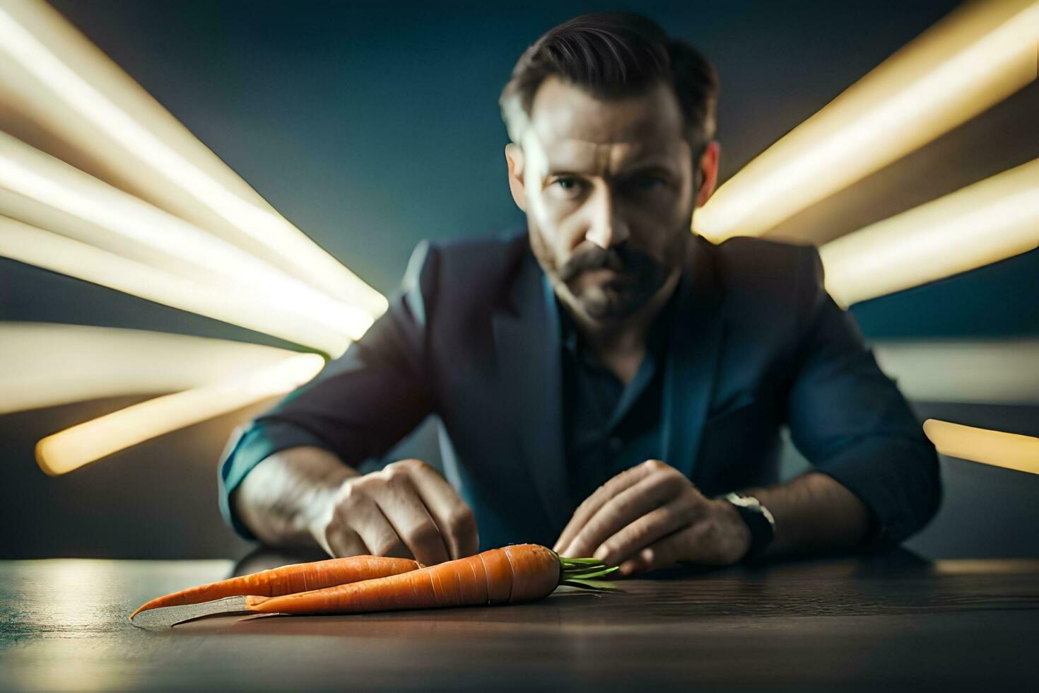 a man in a suit is holding a carrot. AI-Generated photo