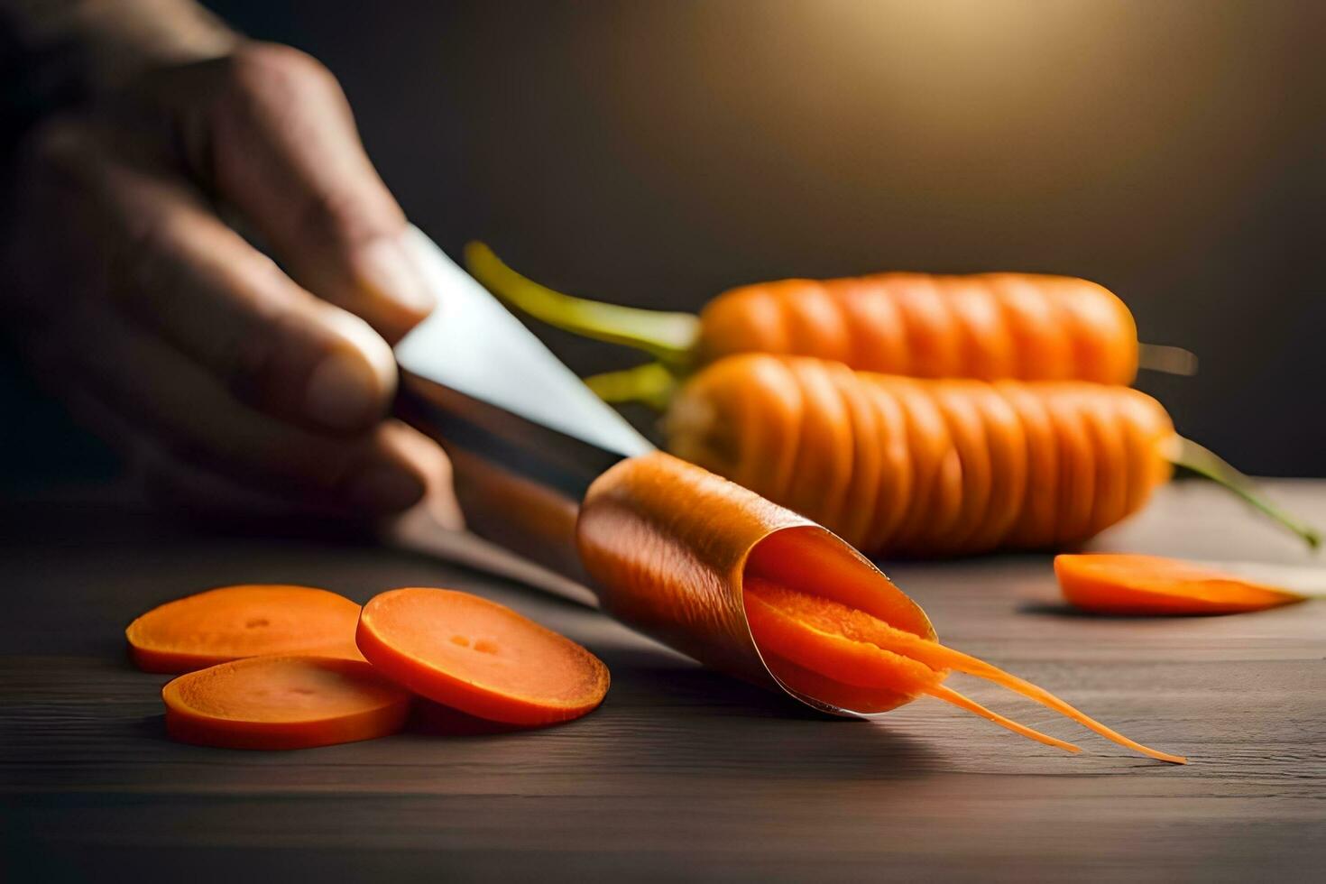 a person is cutting carrots with a knife. AI-Generated photo