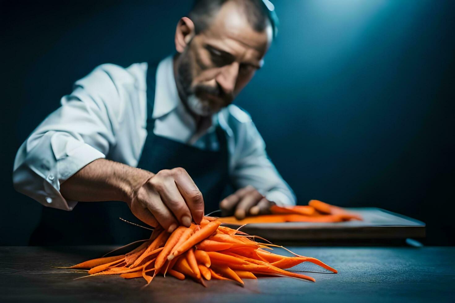 a man in an apron is cutting carrots on a table. AI-Generated photo