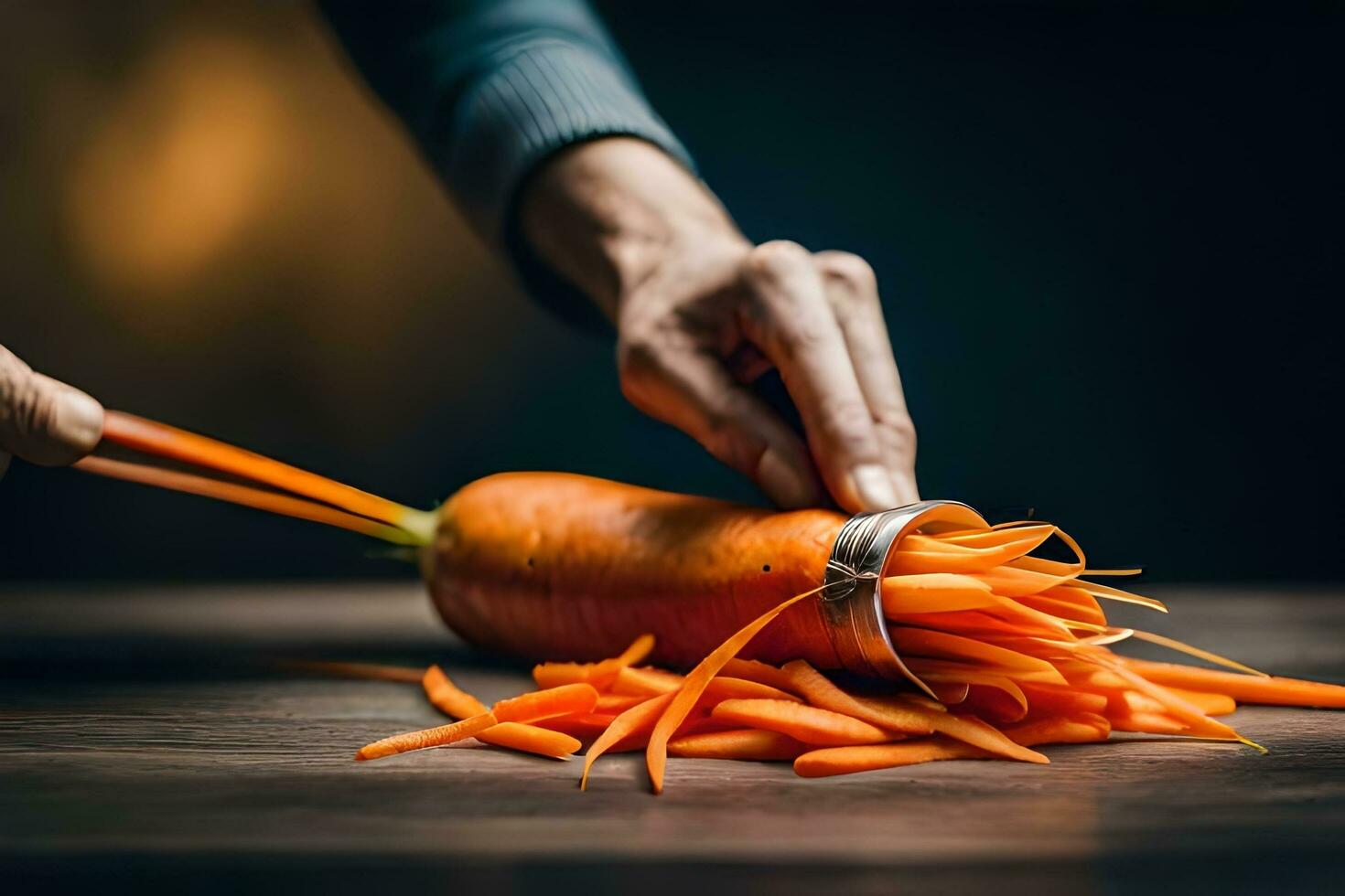 a person is cutting carrots with chopsticks. AI-Generated photo