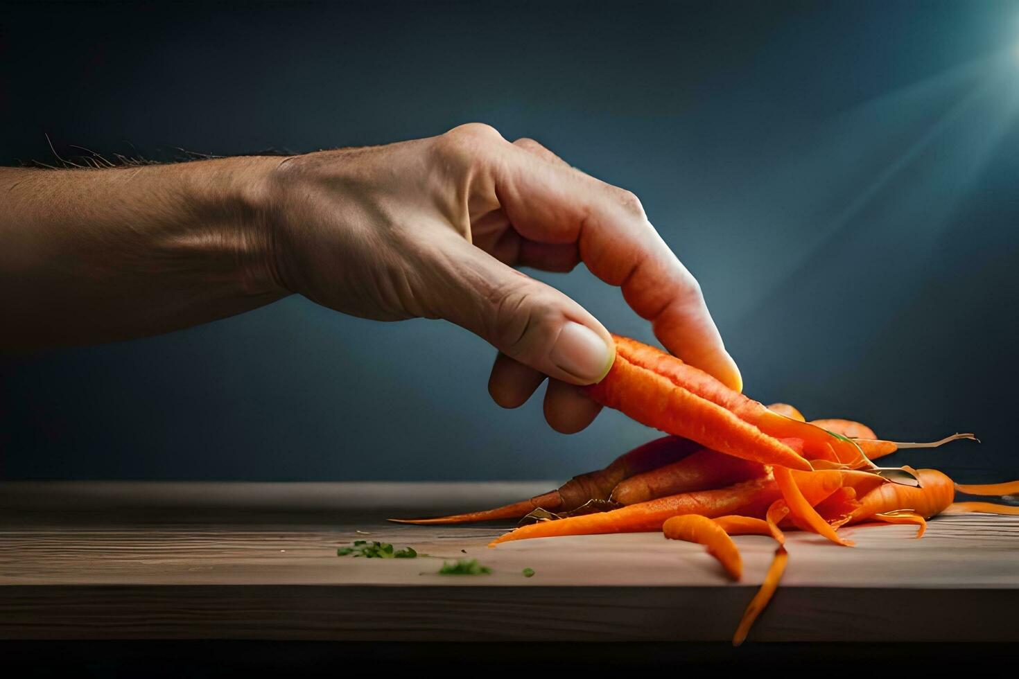 a person is holding a carrot on a wooden table. AI-Generated photo