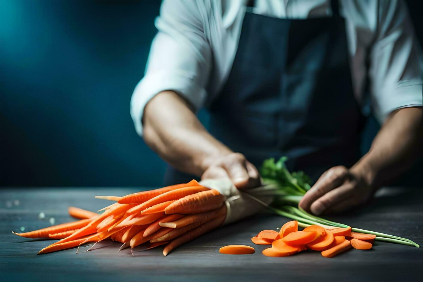 a man in an apron is cutting carrots on a table. AI-Generated photo