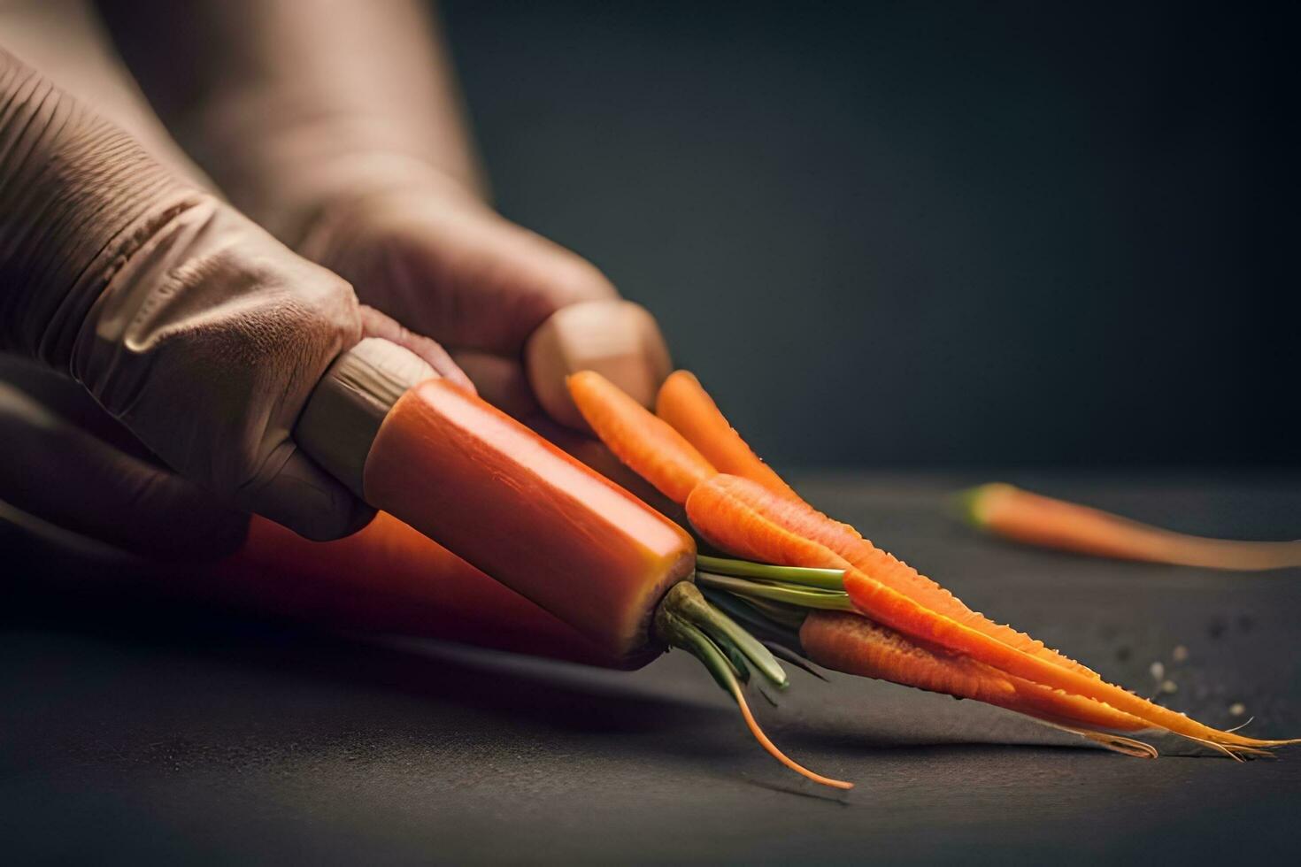 a person in gloves is holding a carrot. AI-Generated photo