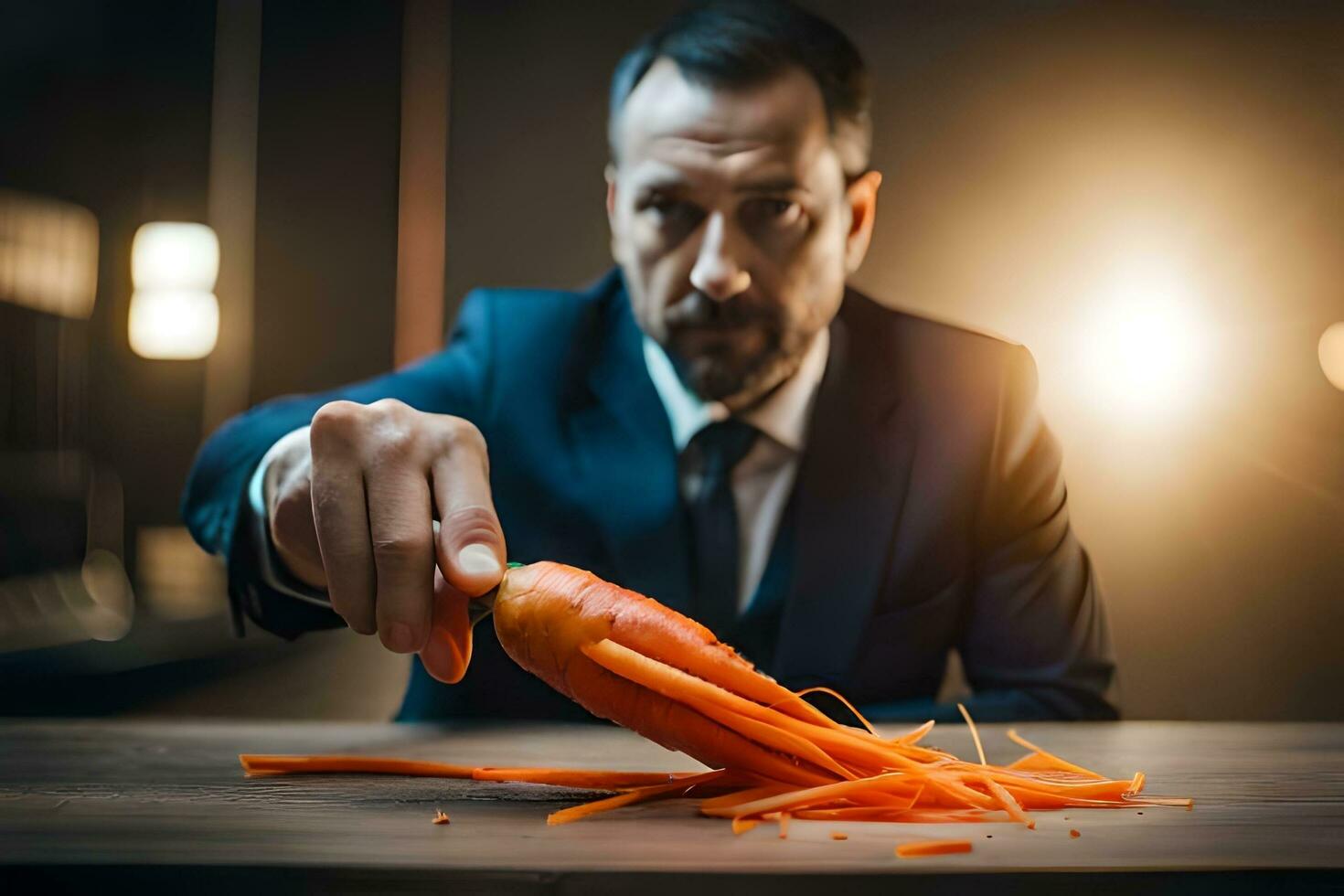 a man in a suit is holding a carrot. AI-Generated photo