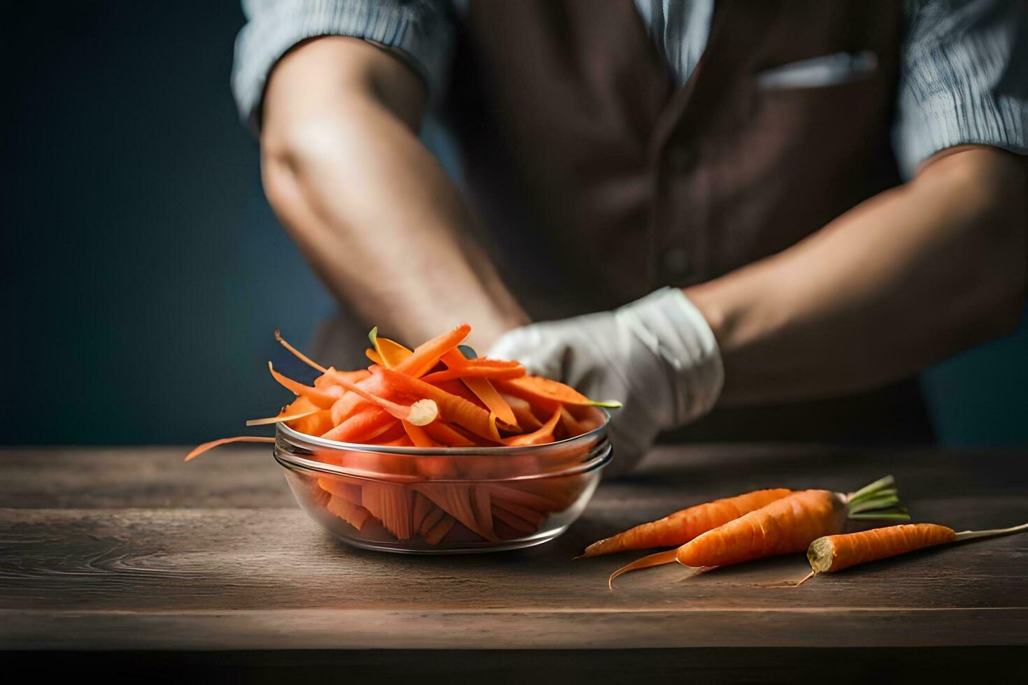 a man in a white apron is holding a bowl of carrots. AI-Generated photo
