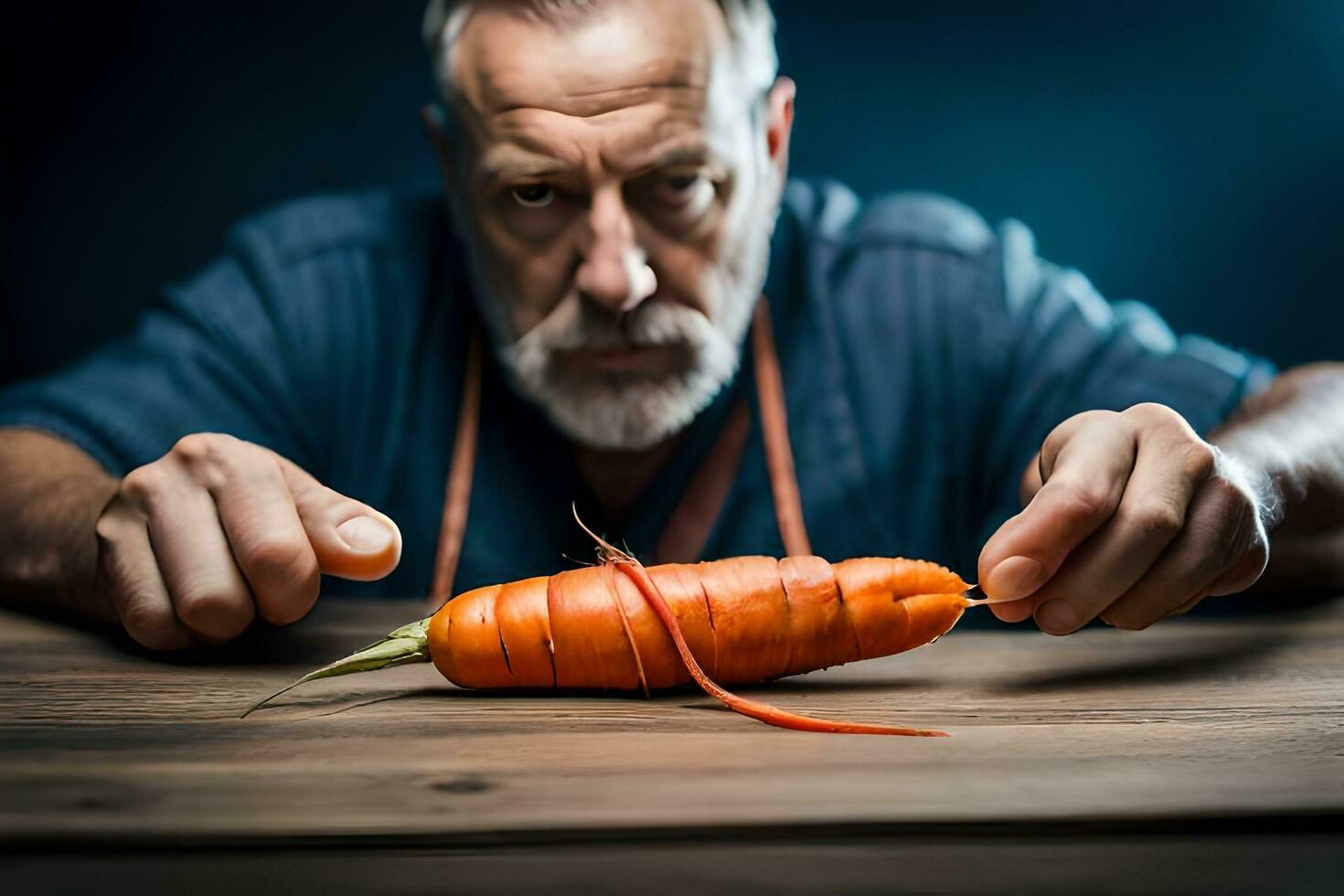 a man with a beard and apron holding a carrot. AI-Generated photo