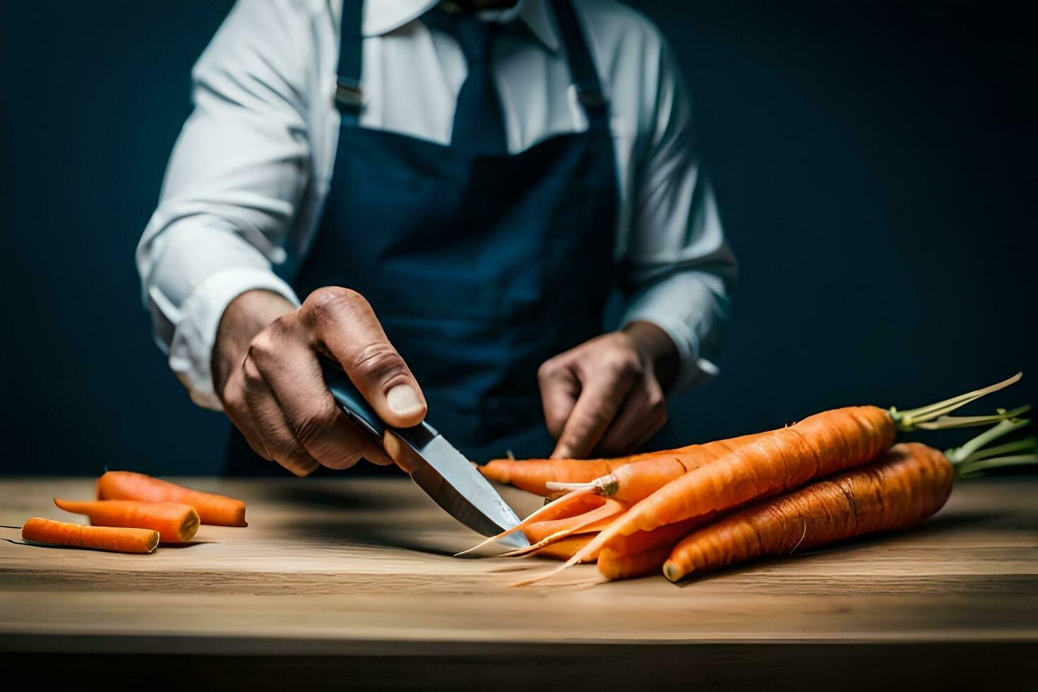 a man in an apron is cutting carrots on a table. AI-Generated photo