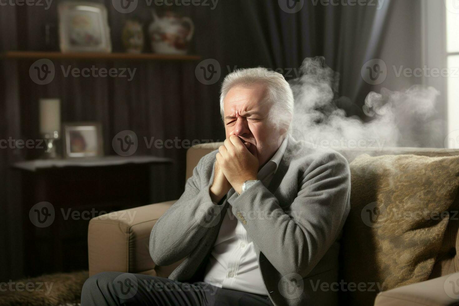 Coughing senior man sitting on sofa at home evening. Generate Ai photo