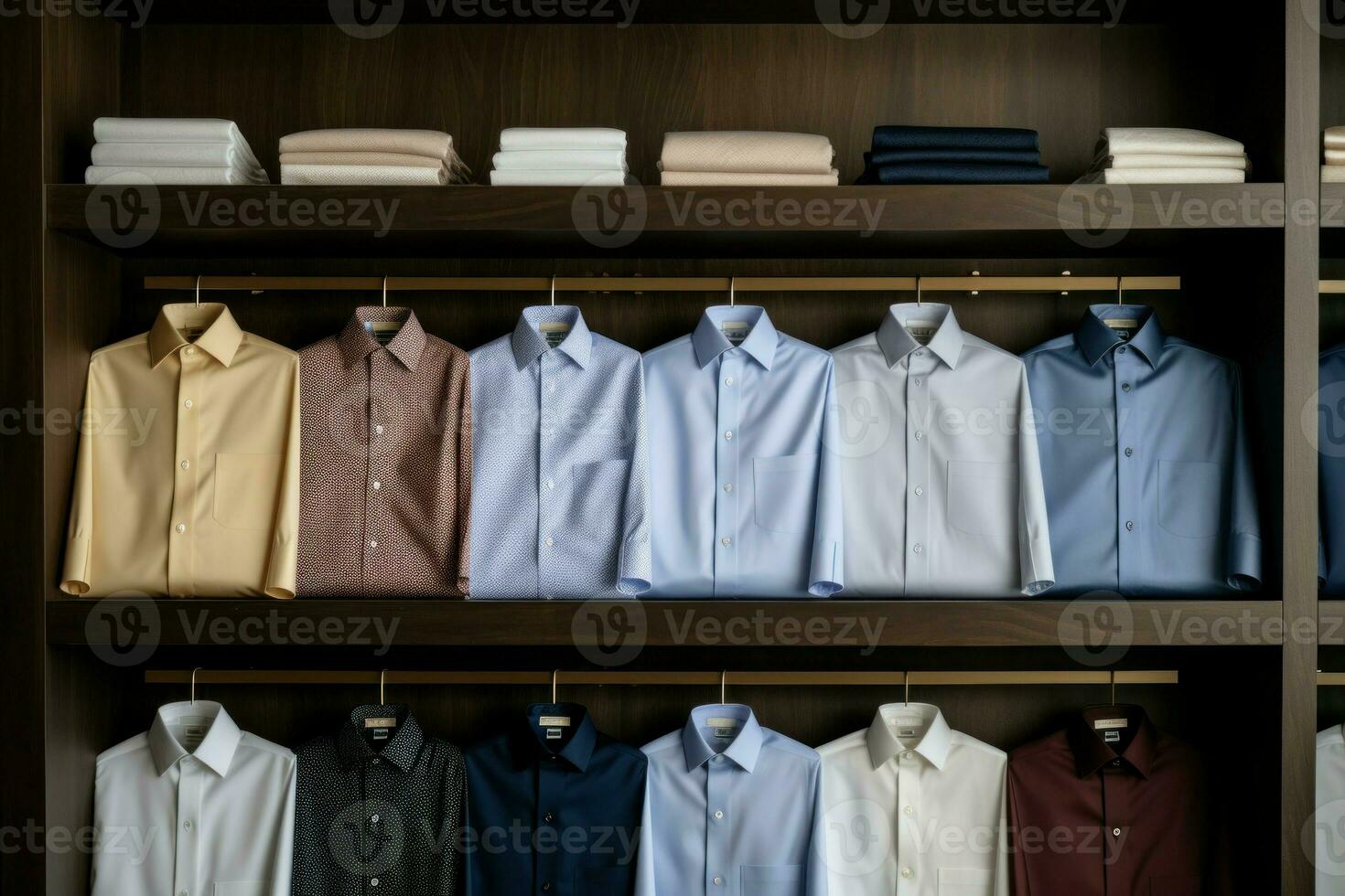 clásico de los hombres camisas en estante boutique accesorio. generar ai foto