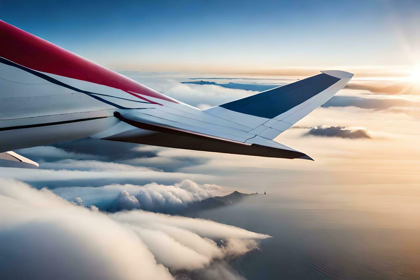 an airplane wing is flying over the clouds. AI-Generated photo