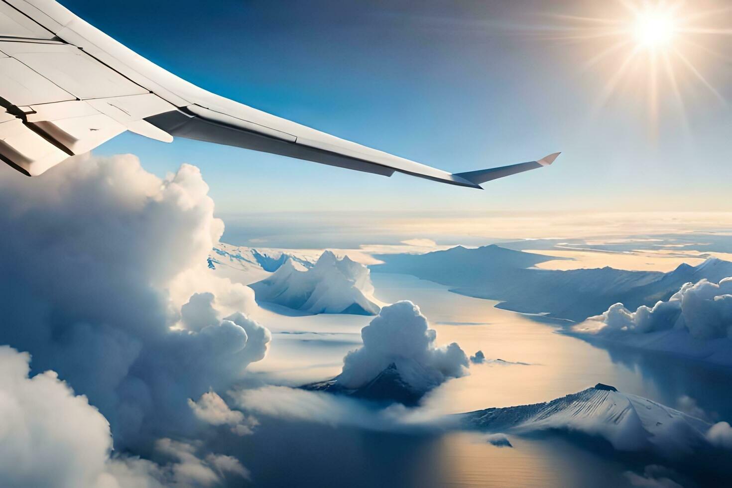 an airplane wing is flying over a mountain range. AI-Generated photo