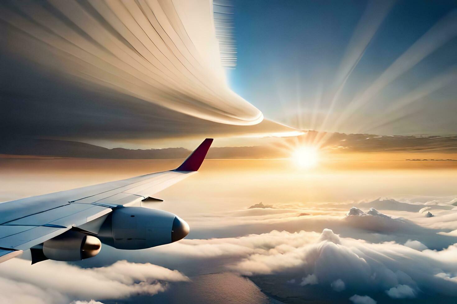 an airplane wing flying over clouds at sunset. AI-Generated photo