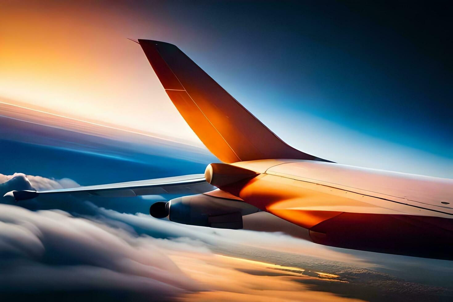 airplane wing flying over clouds at sunset. AI-Generated photo