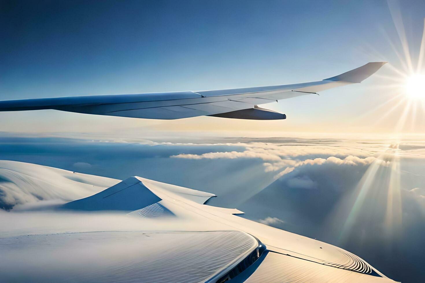 an airplane wing flying over a snowy mountain. AI-Generated photo