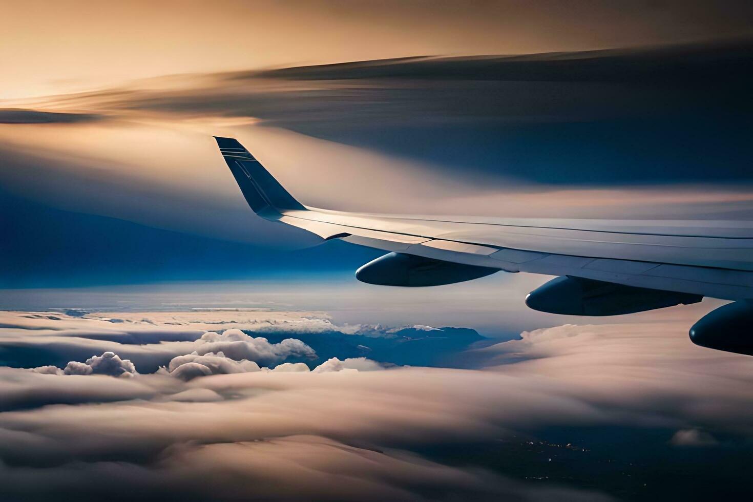 an airplane wing is seen flying above clouds. AI-Generated photo