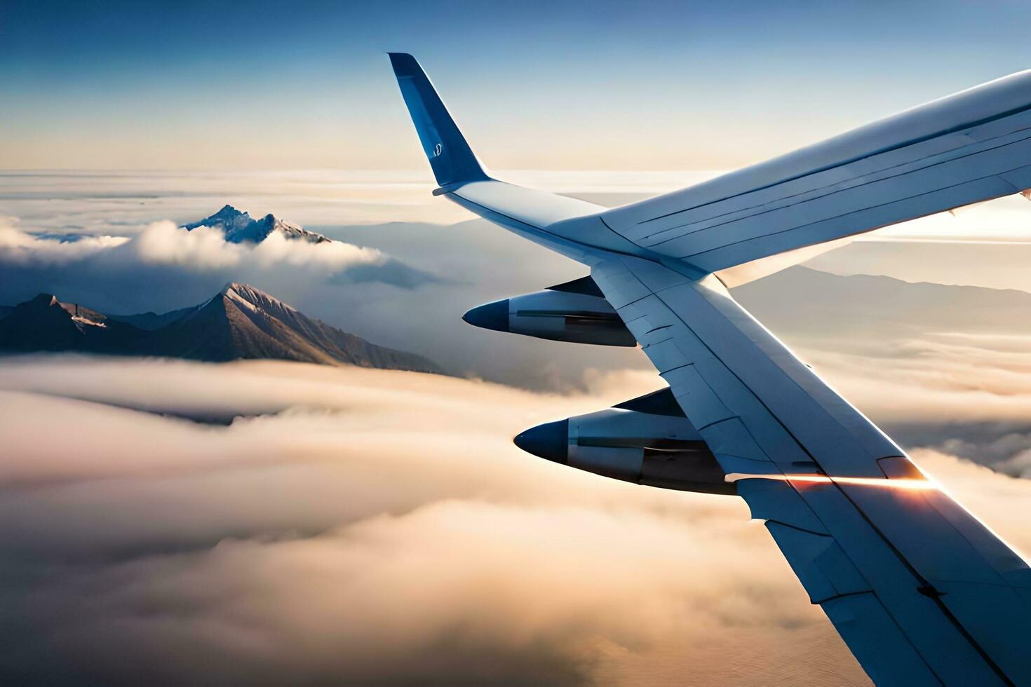 an airplane wing flying over the clouds. AI-Generated photo