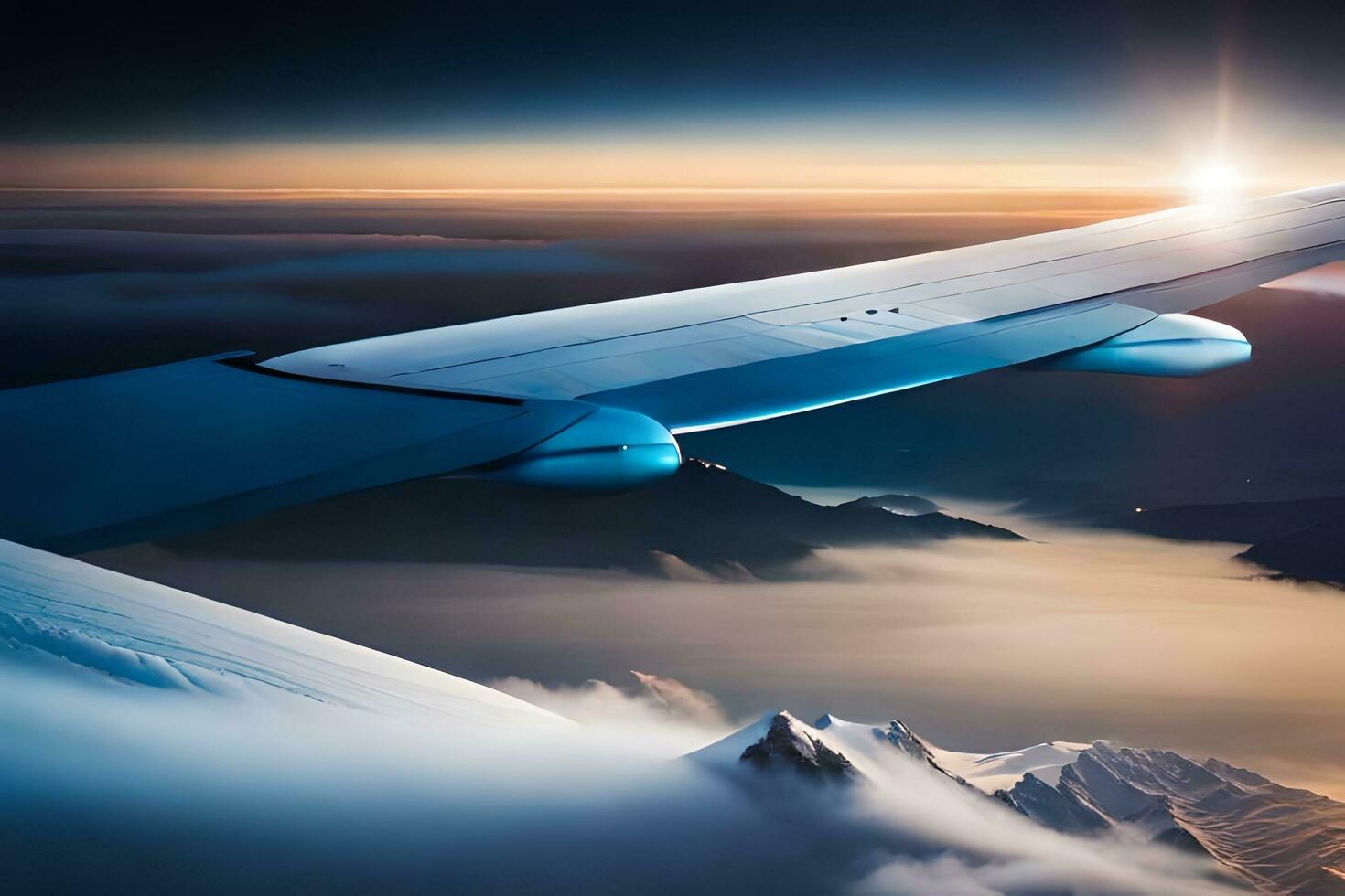 a view of the wing of an airplane flying over a mountain range. AI-Generated photo