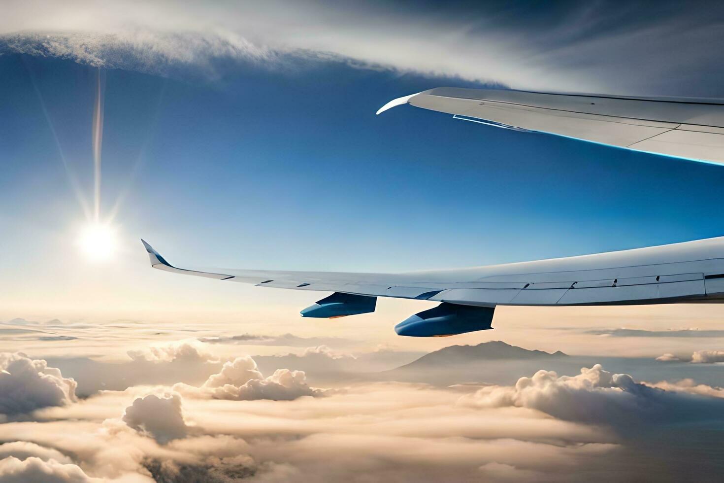 an airplane wing is seen flying above the clouds. AI-Generated photo