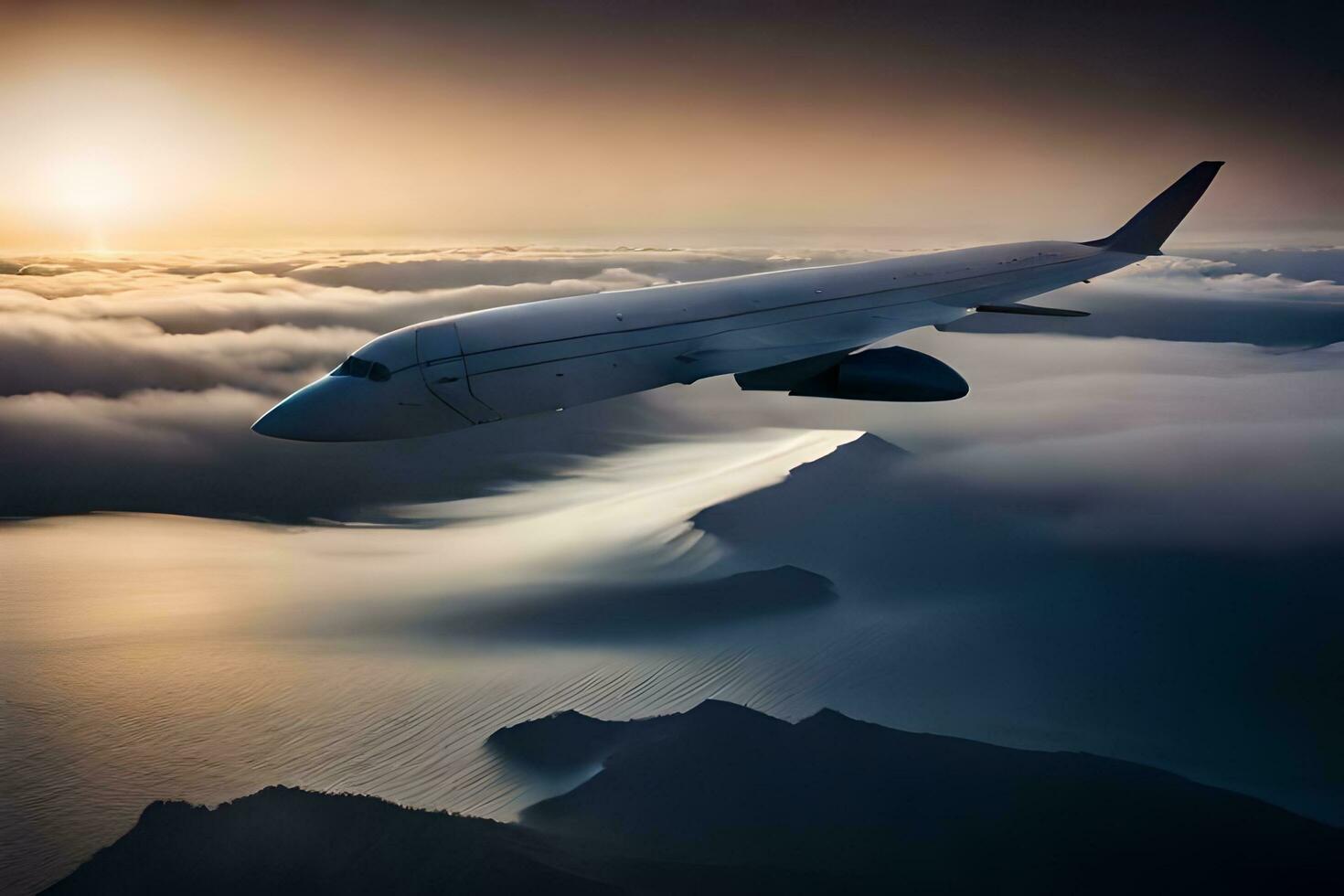 an airplane flying over the ocean with clouds in the background. AI-Generated photo