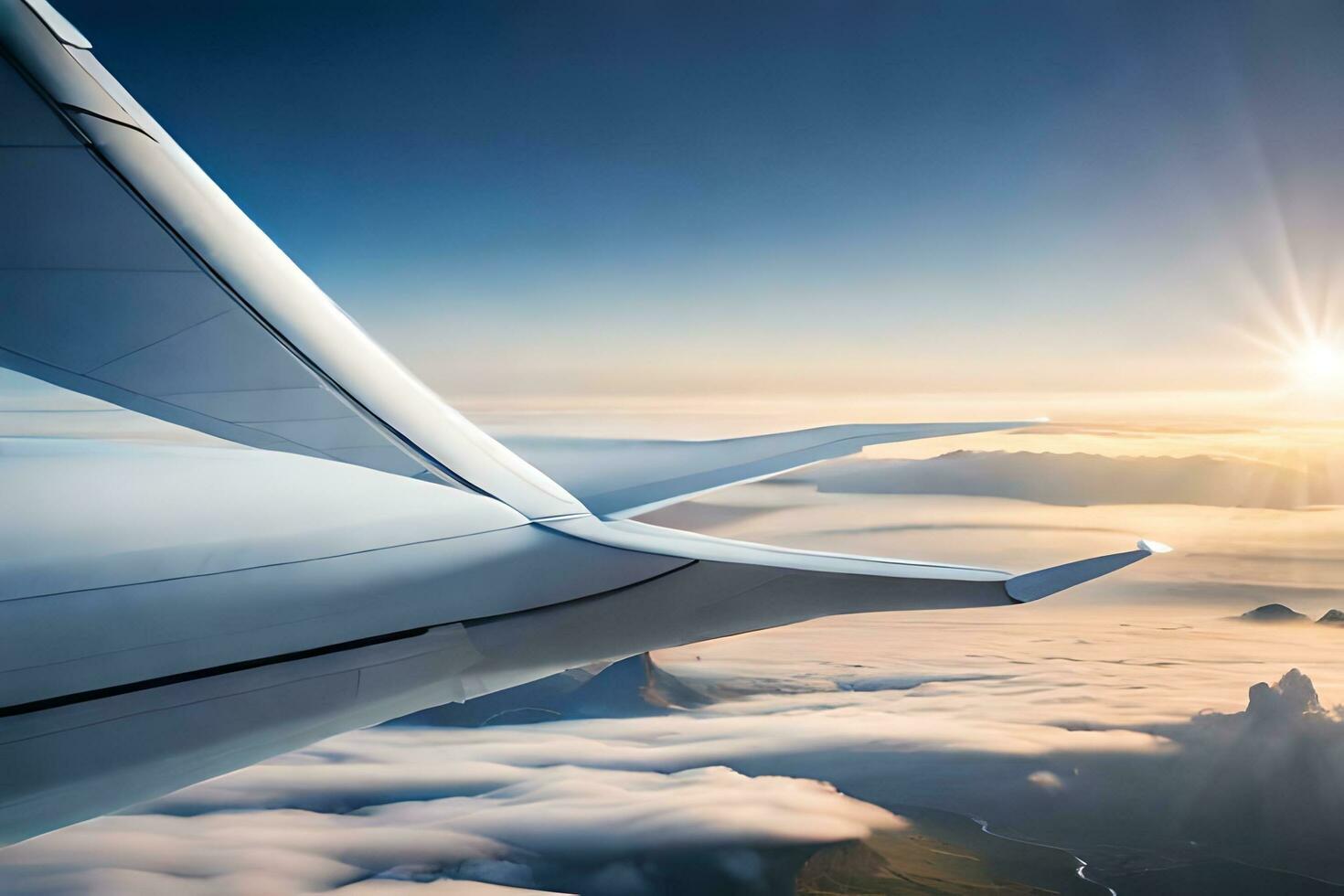 a view of the wing of an airplane flying over clouds. AI-Generated photo