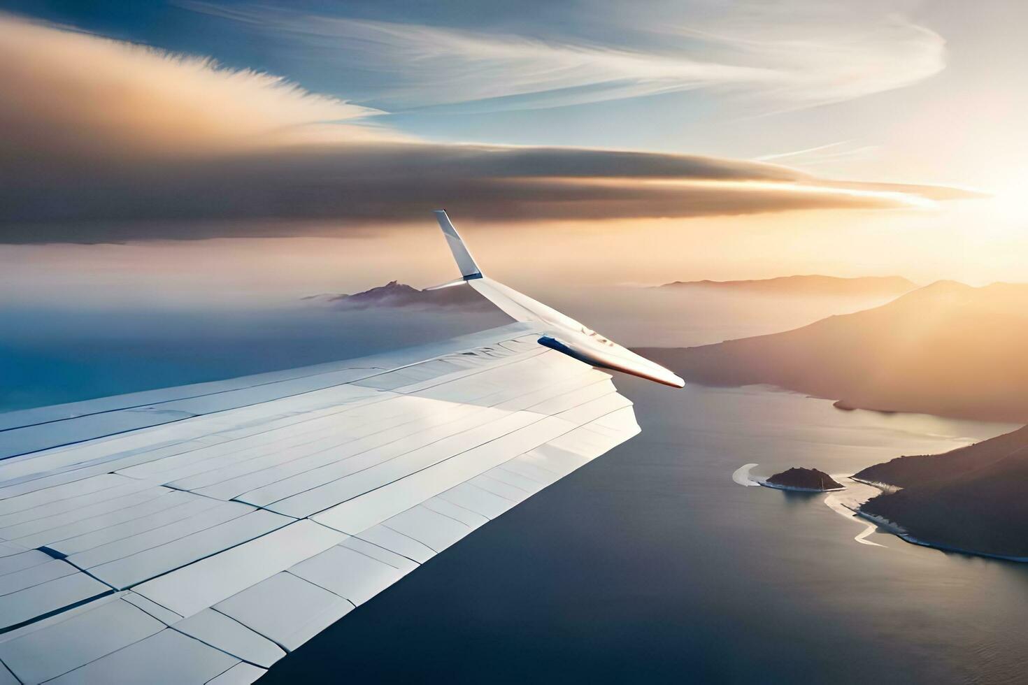 an airplane wing flying over a body of water. AI-Generated photo