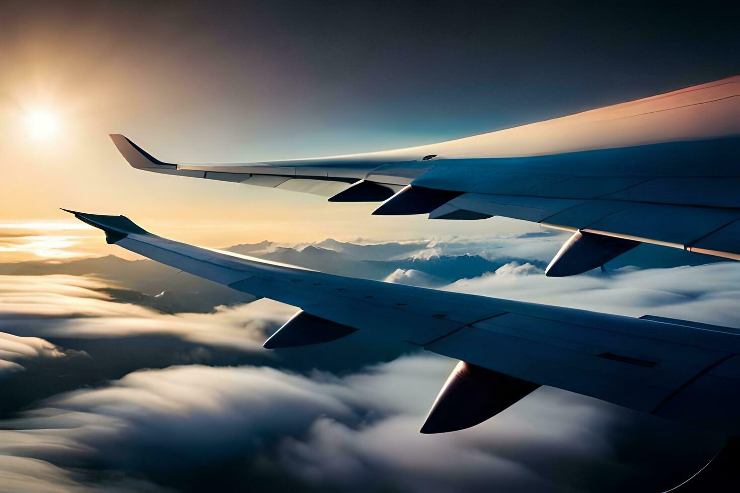 an airplane wing is seen flying over clouds. AI-Generated photo