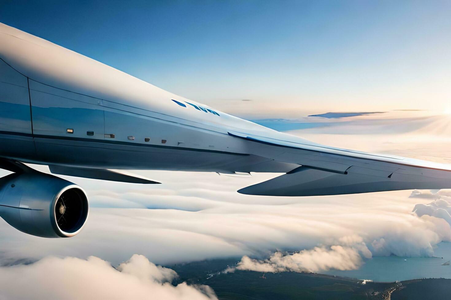 an airplane wing flying above the clouds. AI-Generated photo