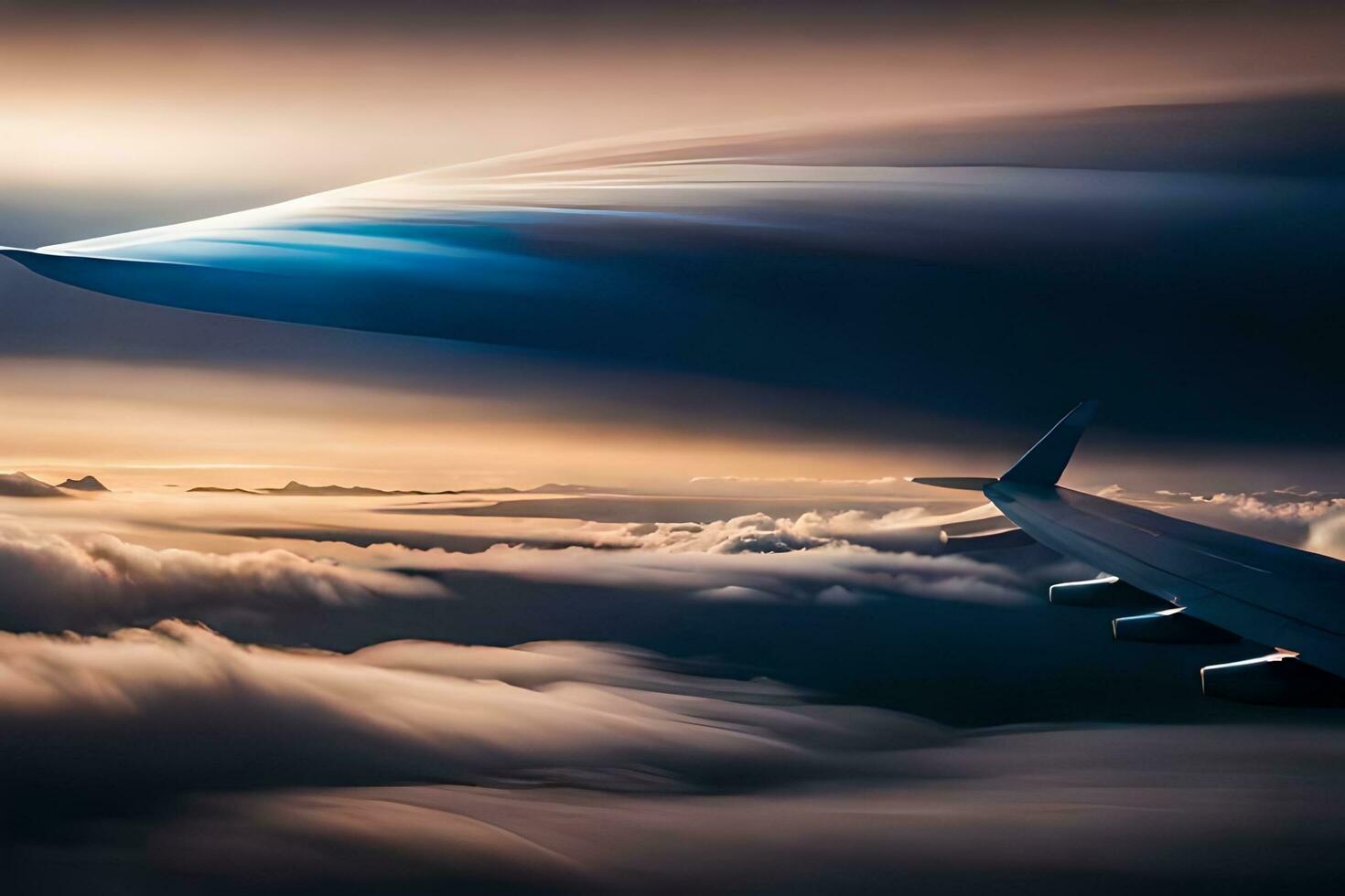 a plane wing flying over the clouds. AI-Generated photo