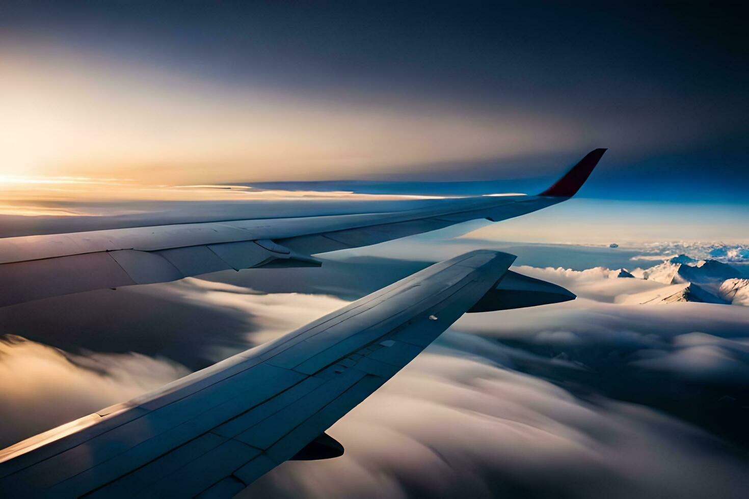 an airplane wing is seen from above the clouds. AI-Generated photo