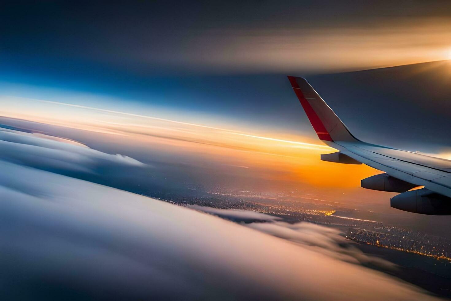 an airplane wing is seen flying over the clouds. AI-Generated photo