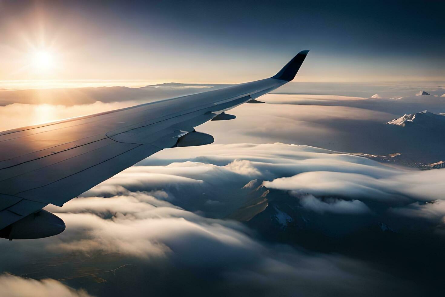 an airplane wing is flying over clouds. AI-Generated photo